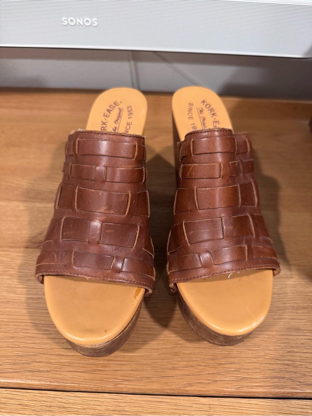 Kork-Ease Charissa Brown Woven Leather Platform Mule Sandals Size 8